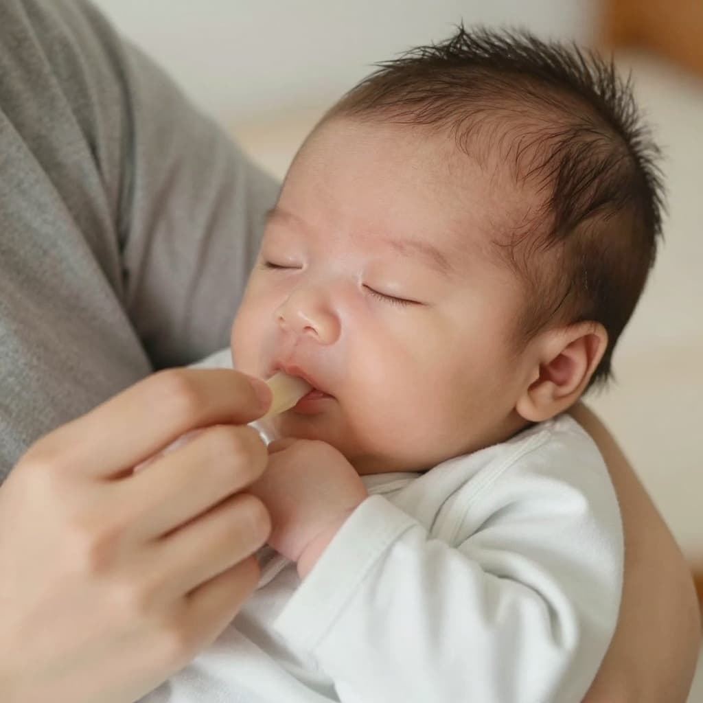Close-up of newborn baby drowsily falling asleep in mother's arms in cozy nursery.