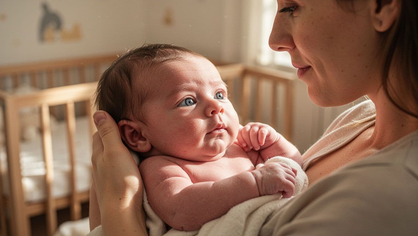 Newborn baby cradled in parent's arms stares intently at parent's face in soft nursery light.