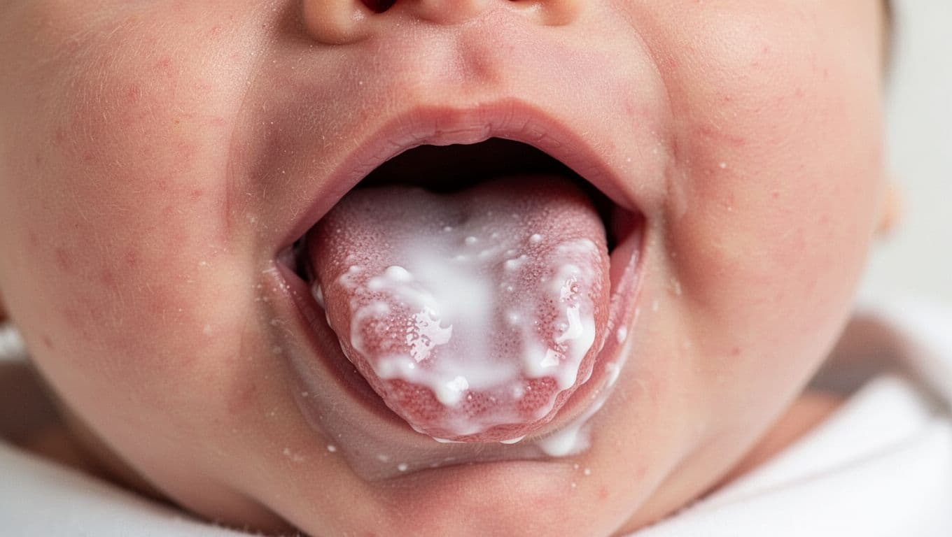 Close-up of newborn baby's tongue with thin smooth white milk coating.