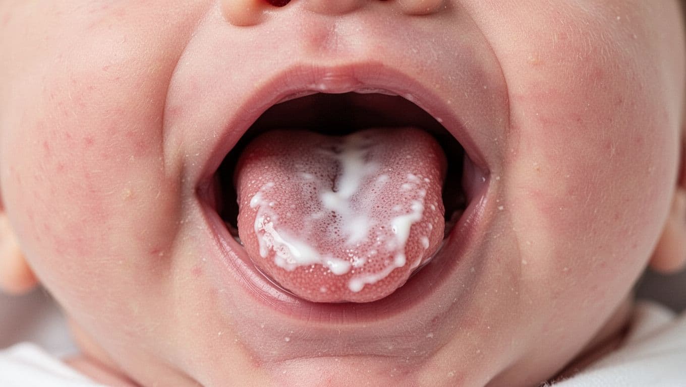 Close-up of healthy newborn baby's open mouth showing pink tongue coated in thin white milk film.