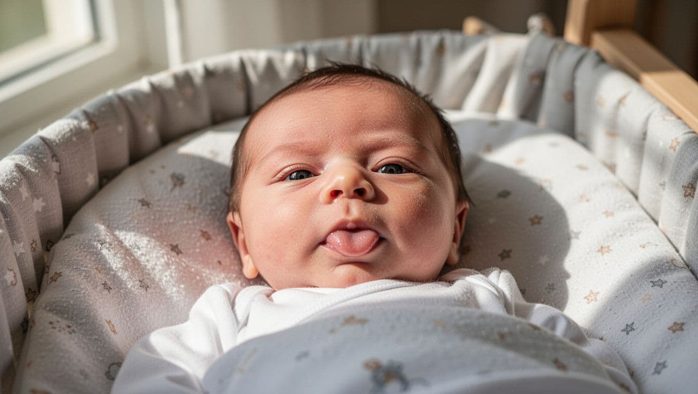 Close-up of newborn baby in crib, eyes open alert, tongue slightly protruding, peaceful expression in daylight.