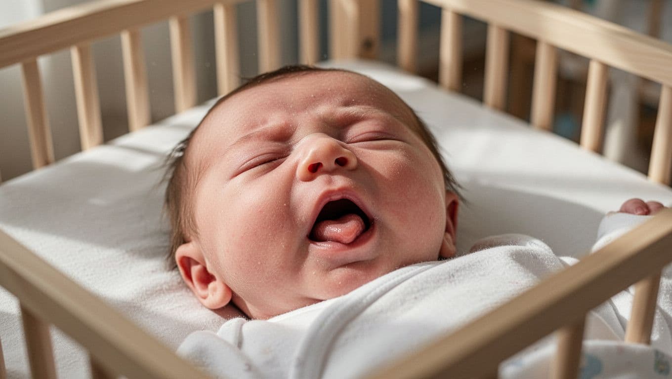Newborn baby in crib with mouth open and tongue slightly out, close-up on face.
