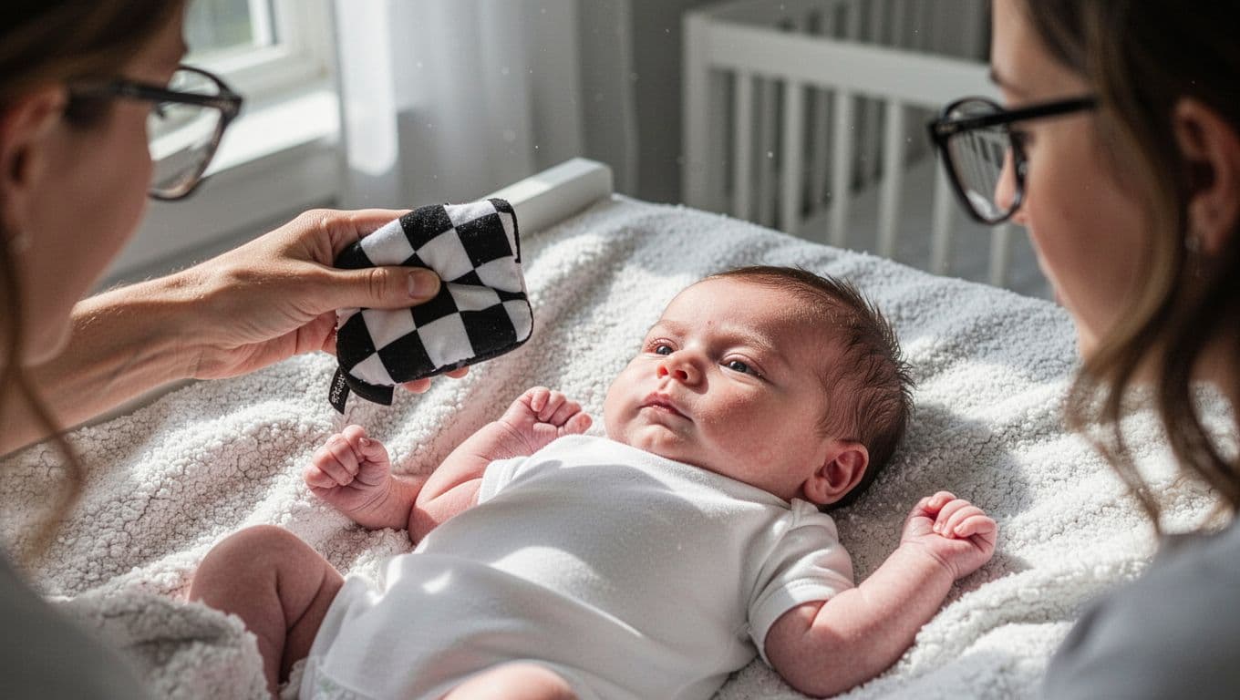 Newborn baby on blanket tracks black-and-white toy held by adult hand in bright nursery.
