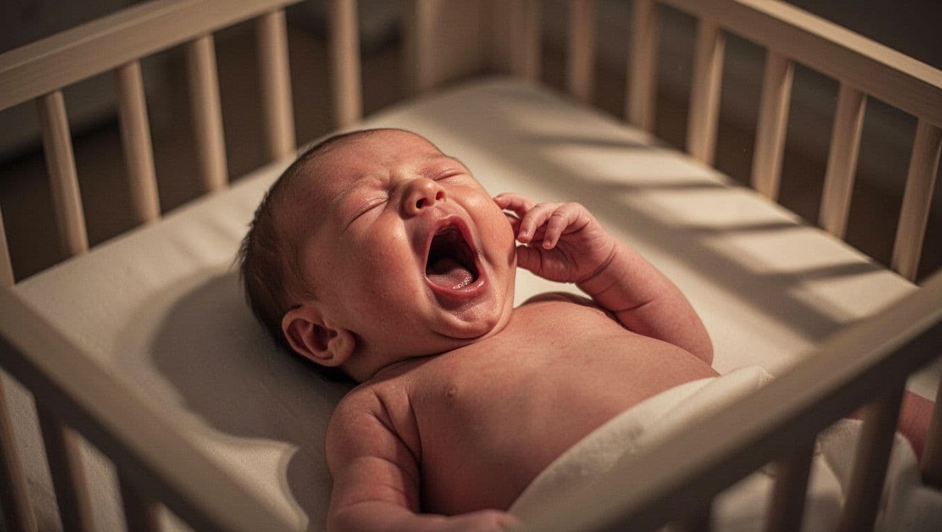 Newborn baby lies relaxed in empty crib with wide yawn and hand touching eye in dim warm nursery light.