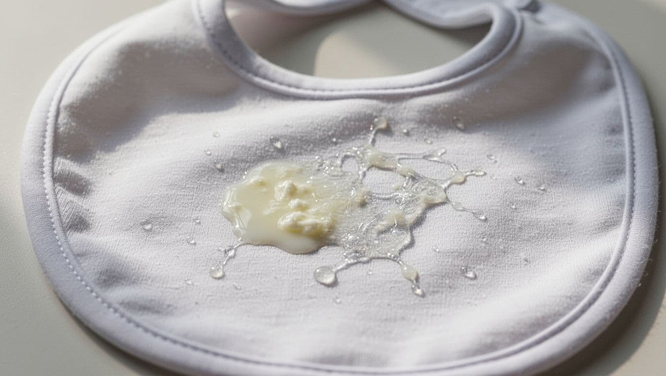 Close-up of newborn baby's bib with small dribble of curdled milk and clear stringy mucus spit-up.