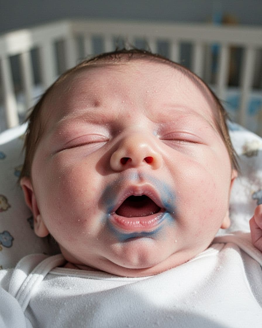 Close-up of newborn baby's face showing blue-tinted lips, pale skin, and distressed breathing with blurred nursery background.