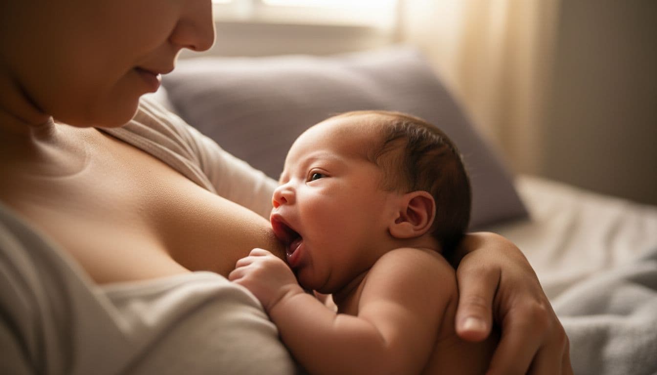 Close-up realistic photo from the mother's perspective of a newborn baby nursing at the breast with a proper deep latch, showing wide-open mouth covering most of the areola, lips flared outward, chin deeply touching breast, clear nose, more areola above lip, and rhythmic swallowing in cozy bedroom lighting.