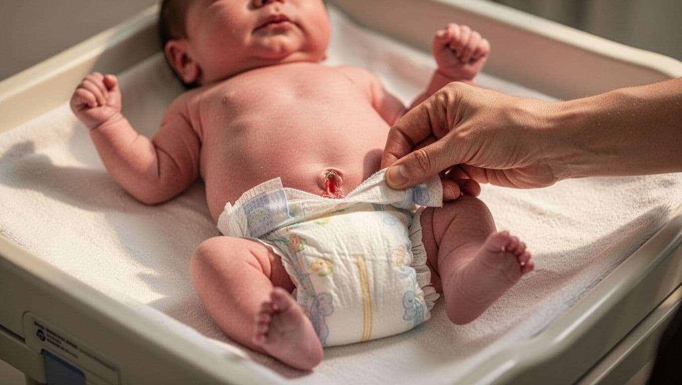 Adult hand folds newborn diaper below umbilical cord stump on changing table, exposing it to air.