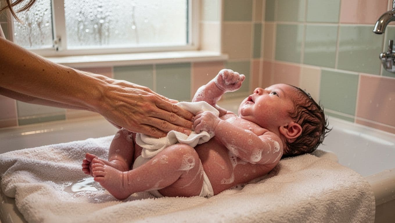 Parent gently sponges newborn baby's arms and legs with soft cloth on towel in bathroom.