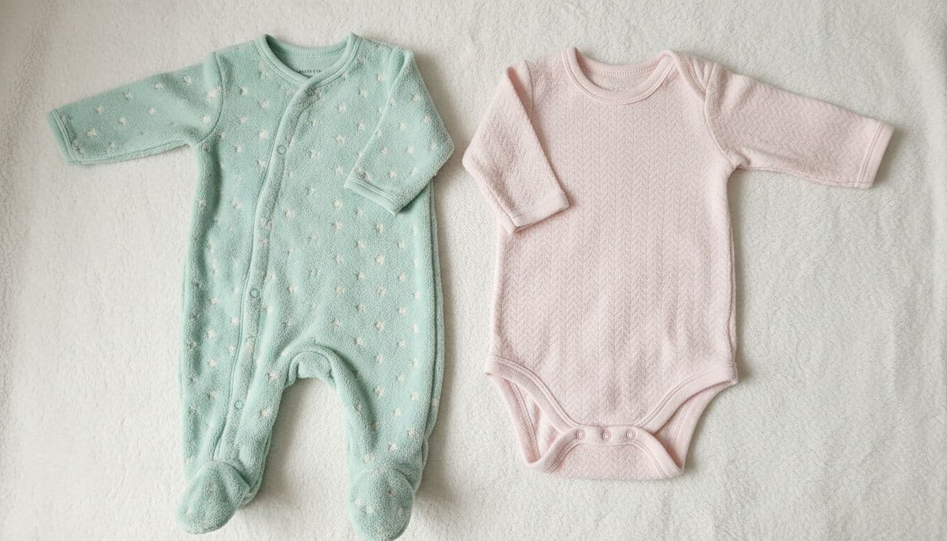 Two newborn baby outfits laid out flat on a white blanket: a newborn size soft sleeper and a 0-3 months onesie in pastel colors with cozy fabric texture. Top view realistic photo with natural soft lighting, no people, tags, text, or logos.