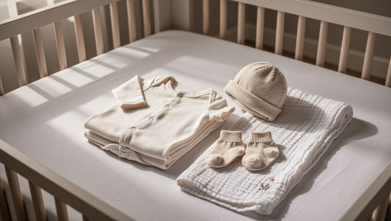A soft cotton onesie, tiny matching hat, and white socks sit atop a neatly folded muslin swaddle on a nursery bed. The arrangement highlights soft textures and gentle nursery lighting.