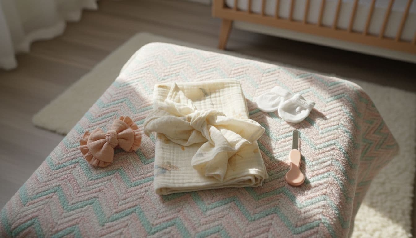 Top-down view of lightweight muslin swaddle blanket, soft baby mittens, baby nail file, and fabric bow neatly arranged on a soft pastel blanket in a nursery with warm natural lighting.