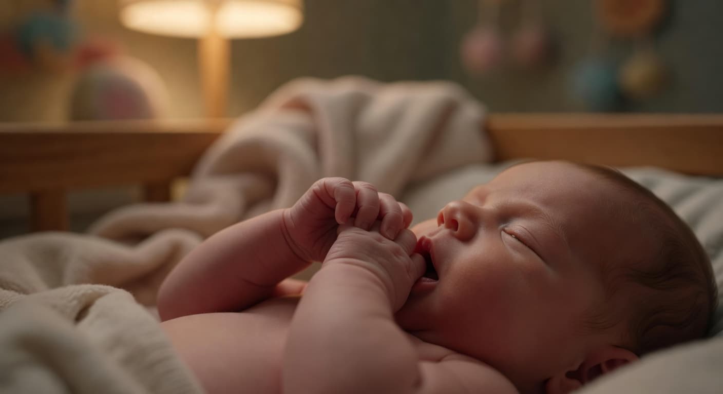A close-up view captures a newborn baby resting their tiny hand near their mouth. Soft, warm light illuminates the delicate skin texture and small fingers in a quiet, serene nursery.