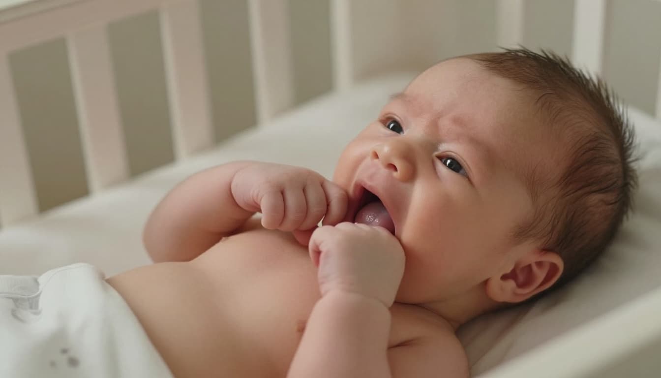 Newborn in crib turns head sideways with open mouth and sucks fist.