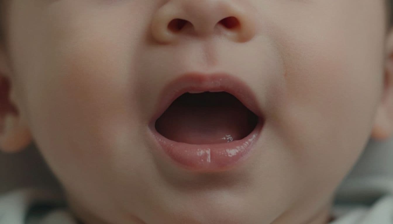 A close-up view of a newborn baby's mouth highlighting the natural structure of the upper lip and gum tissue. Soft natural lighting emphasizes the delicate texture and contours of skin.