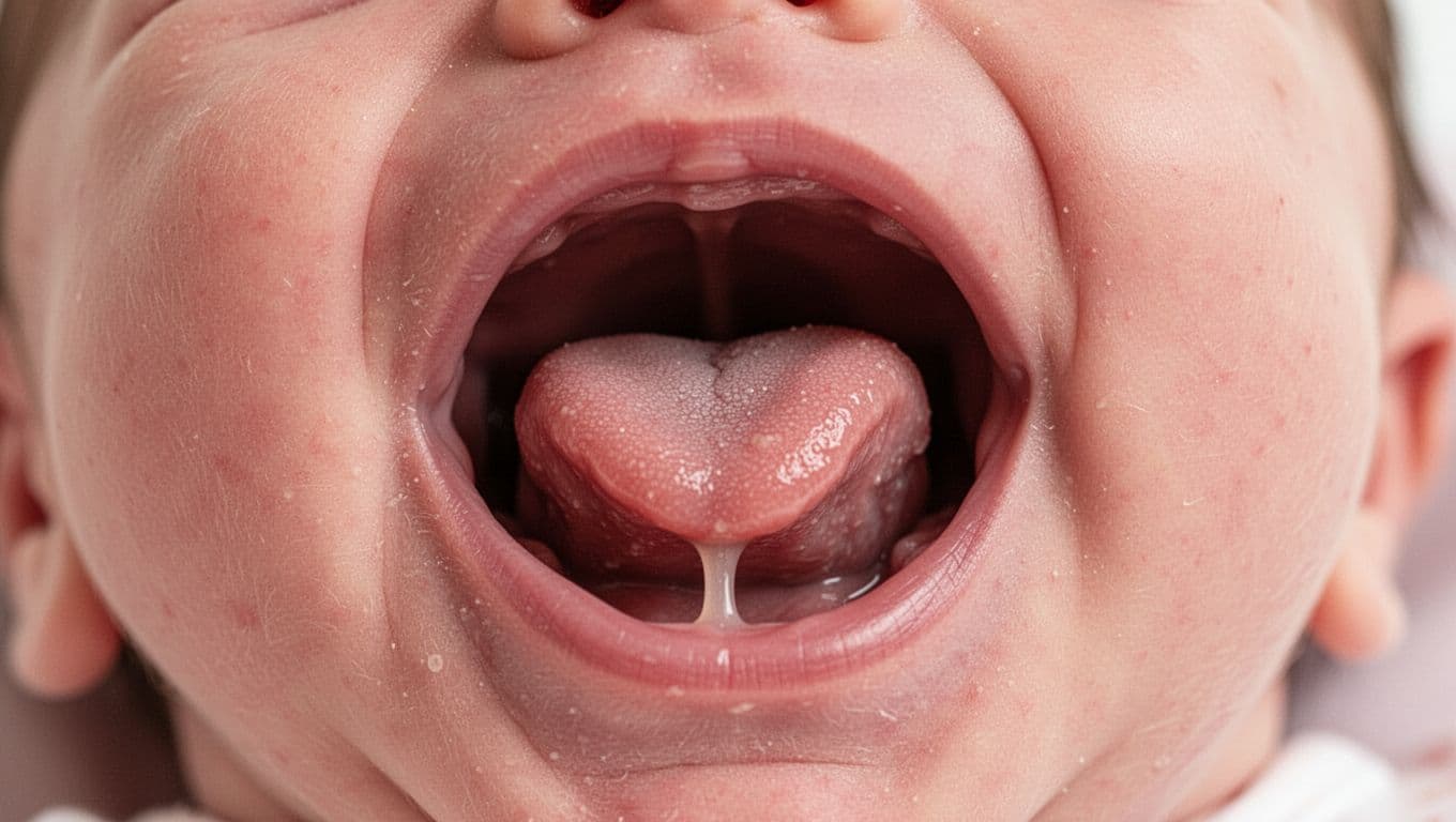Newborn open mouth from below shows thin flexible lingual frenulum anchoring lifted, extended, cupped tongue.