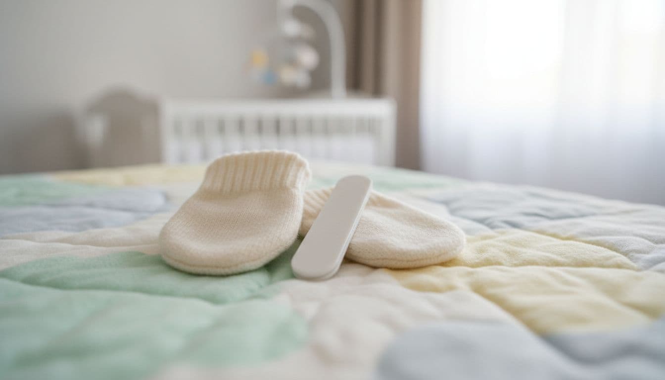 Close-up realistic photo of soft newborn mittens and a small baby nail file on a pastel blanket in a nursery setting with gentle natural light.