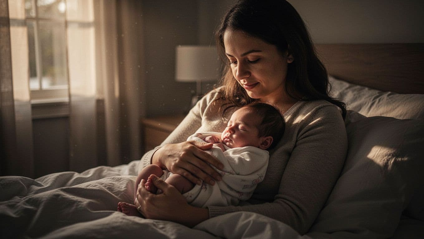 A new mother cradles her sleeping infant in a dimly lit room, illuminated by soft morning light from a nearby window. The cinematic composition highlights their peaceful, intimate connection.