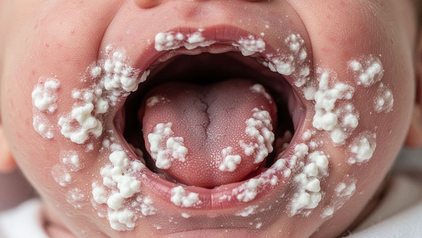 Thick white patches like cottage cheese on tongue, cheeks, gums, and palate.