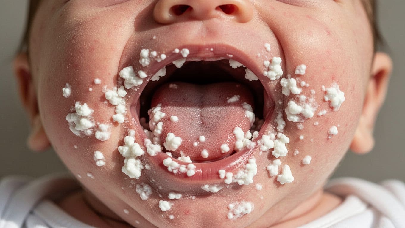 Open newborn mouth with thick white thrush patches on tongue, inner cheeks, and gums, slight redness underneath.