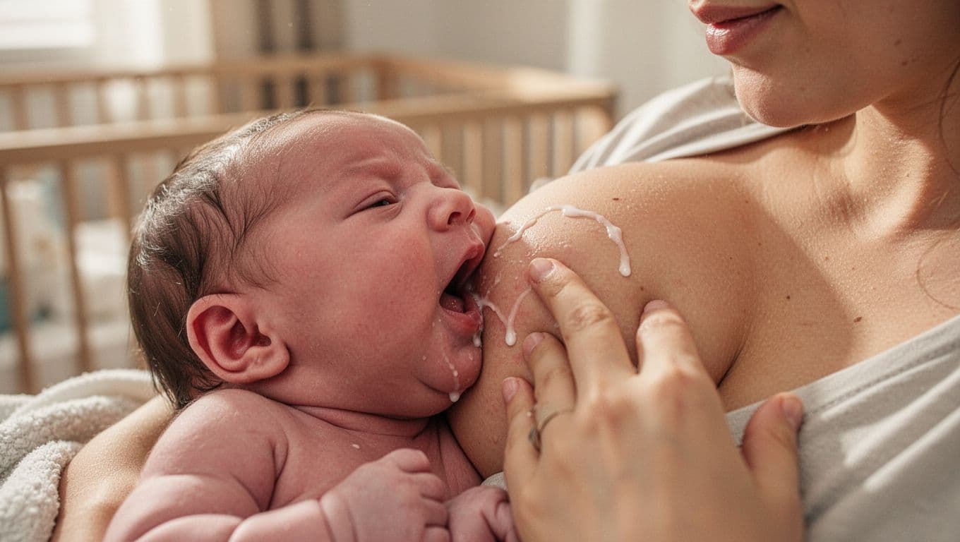 Newborn baby's mouth shallowly latched on nipple, milk dribbling from corner, partial mother's hand supporting as baby pops off.