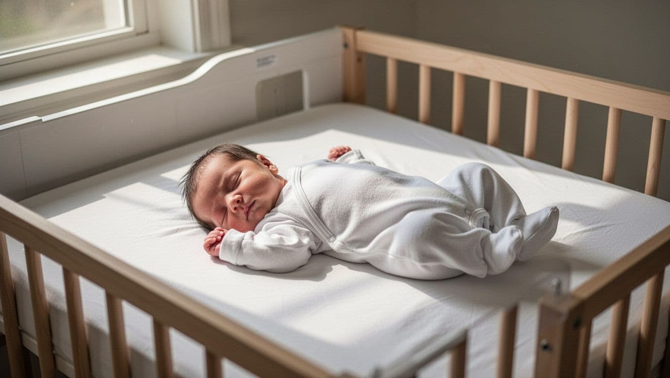 Newborn baby sleeps on back in crib with firm mattress and fitted sheet, head turned left, soft morning light.