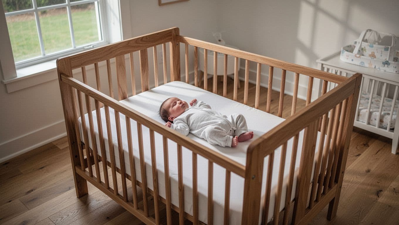 Newborn baby sleeps on back in full-size wooden crib with firm mattress and sheet in sunlit nursery.