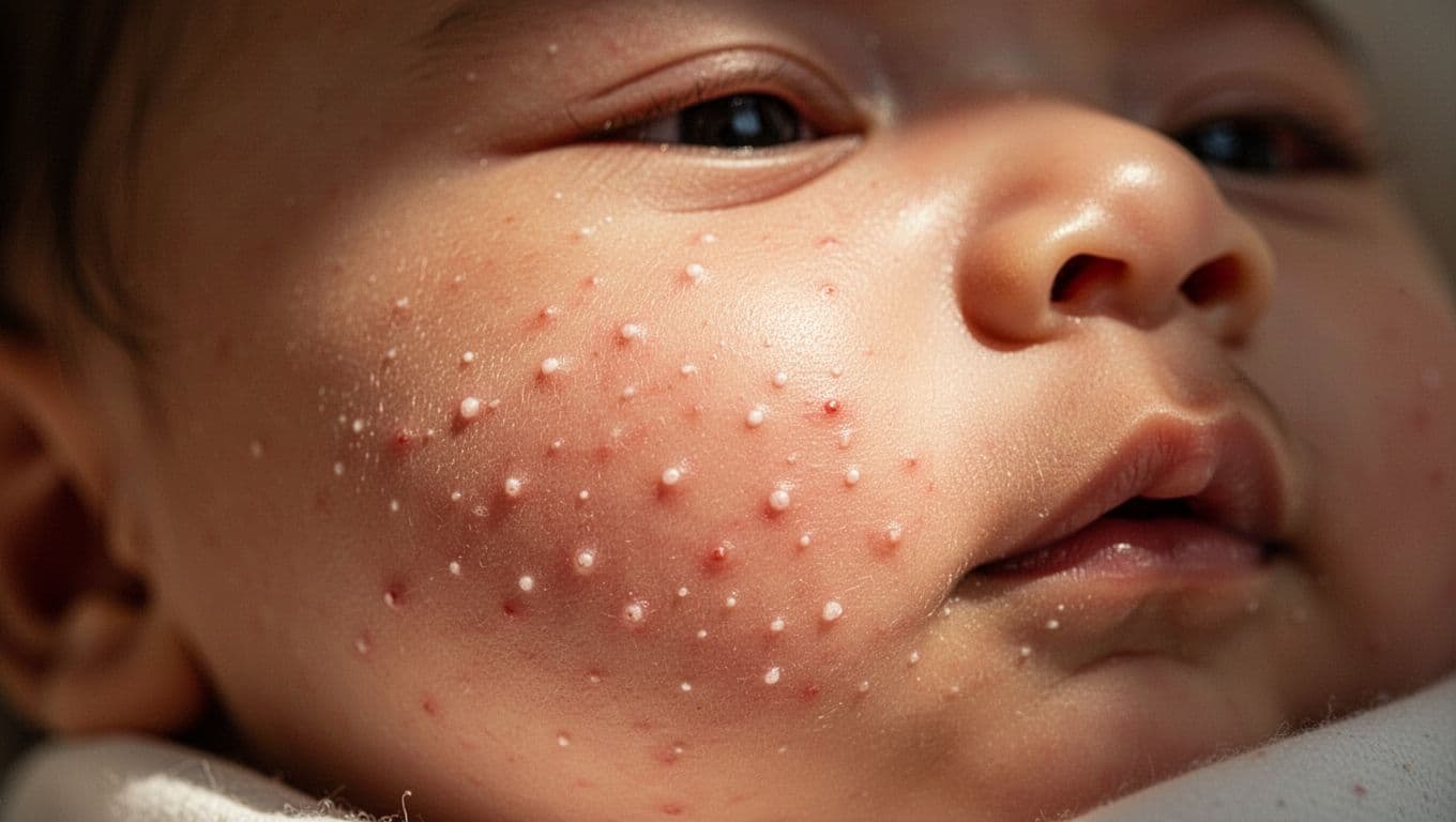 A close-up view focuses on an infant's soft cheek, highlighting clusters of tiny white and red bumps. Warm, cinematic lighting emphasizes the delicate skin texture against a blurred, soft background.