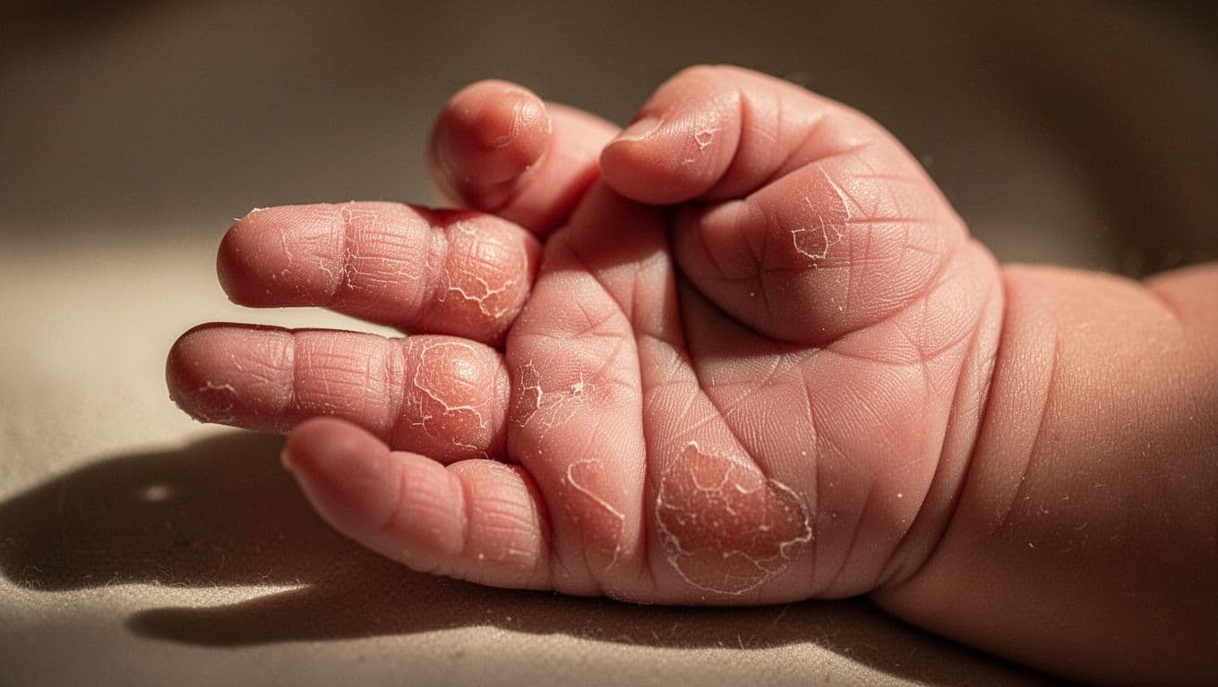 A close-up view of a tiny infant hand shows the natural skin regeneration process with gentle peeling visible on the fingers. Warm light casts deep shadows to emphasize skin texture.