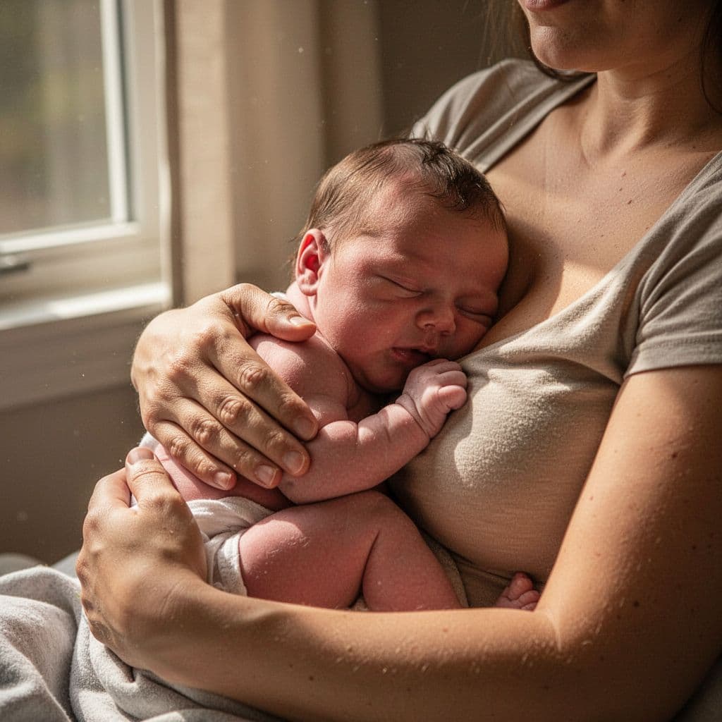 Close-up of a parent's chest gently holding a newborn baby in skin-to-skin contact.
