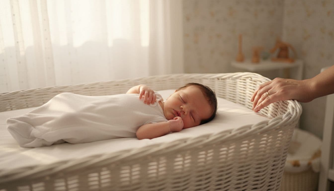 A newborn baby sleeps peacefully in a white bassinet in a softly lit nursery room, with a parent's hand gently resting on the edge. Warm natural morning light highlights the safe sleep setup, focusing on the baby's relaxed face and tiny hands.