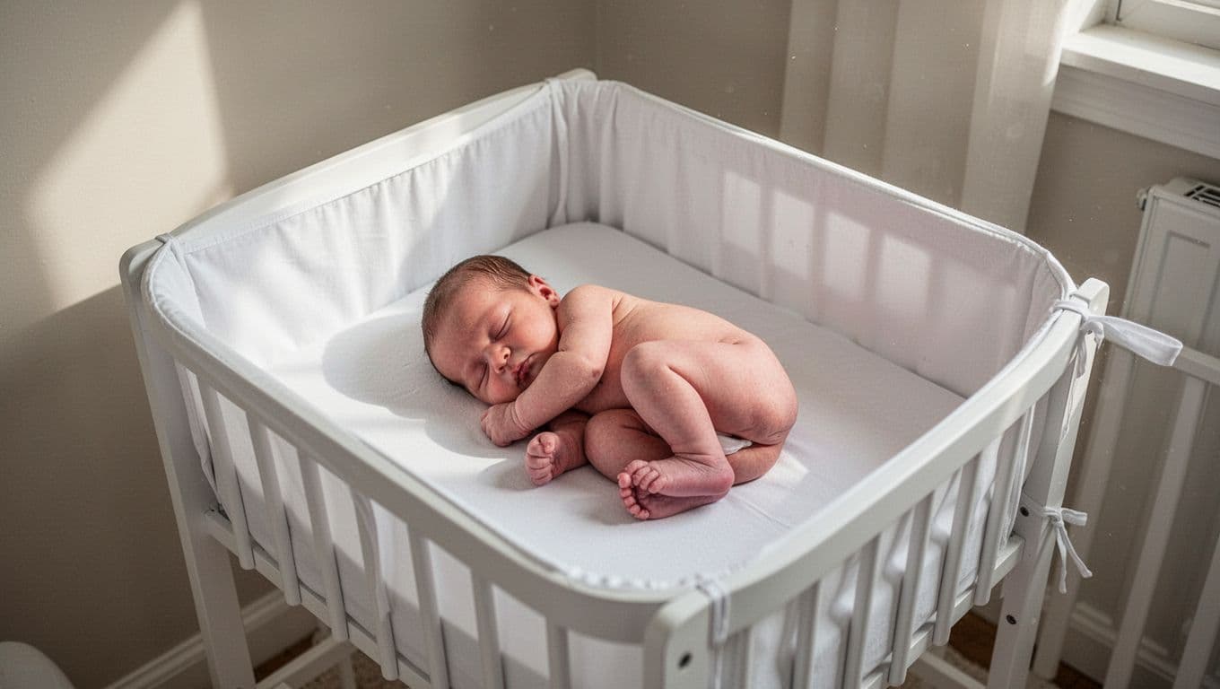 Newborn baby sleeps curled up in small white bassinet in nursery corner.