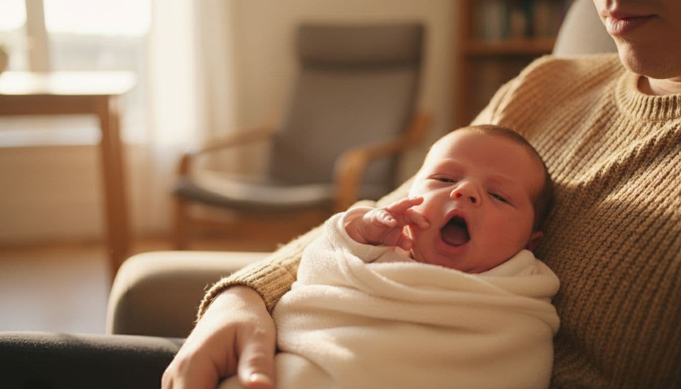Newborn baby yawning and rubbing eyes as sleepy cues, sitting on parent's lap in sunlit living room with soft natural light and warm tones.