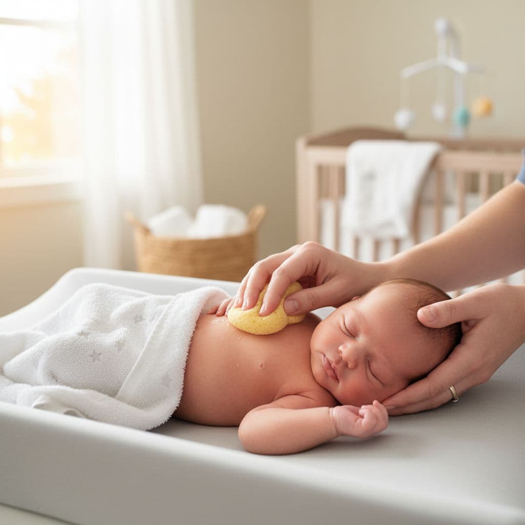 Parent's hands gently sponge bathe a newborn on a padded changing table in a bright nursery.