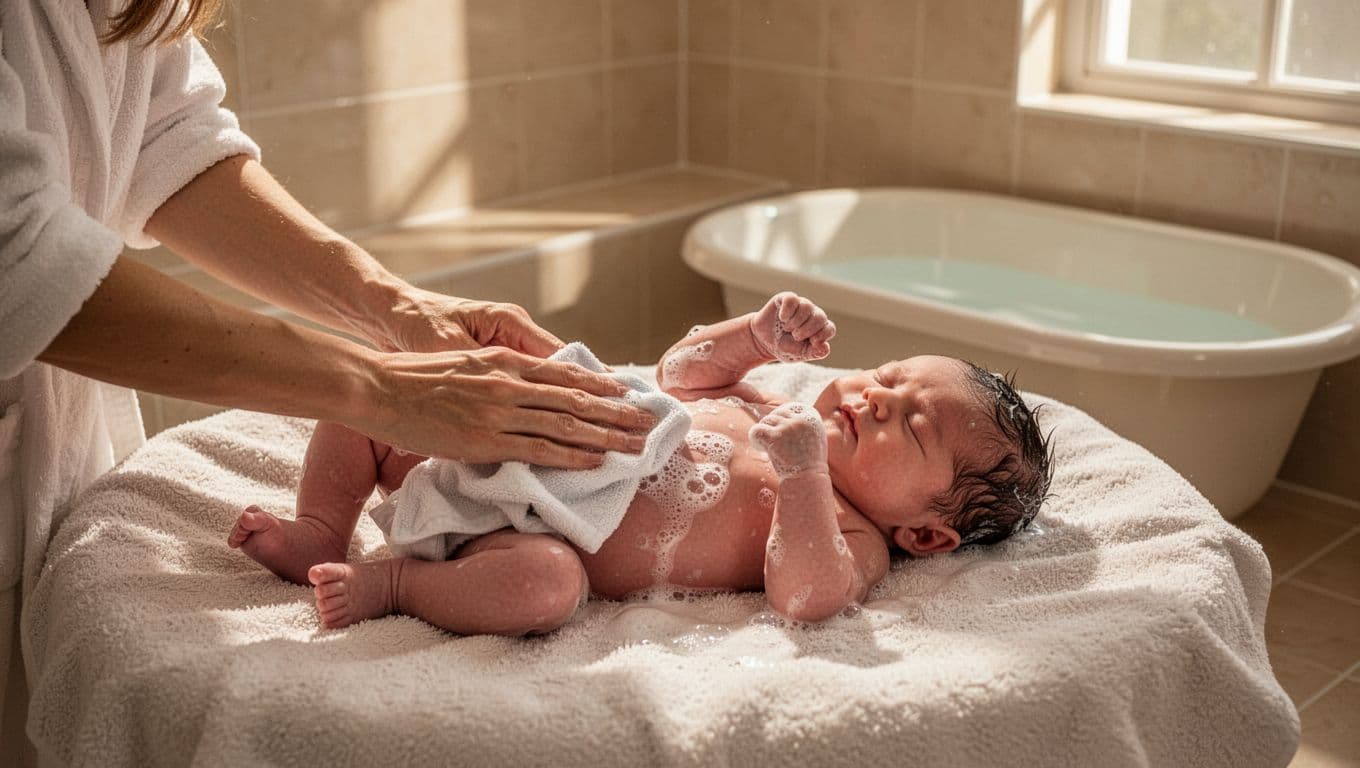 Mother gently sponge bathes newborn on towel in cozy bathroom with warm window light.