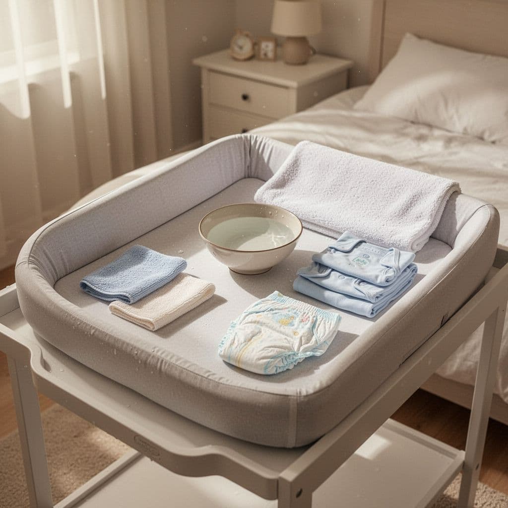 Padded changing table with bowl of water, washcloths, towel, diaper, and baby clothes arranged neatly in bright room.