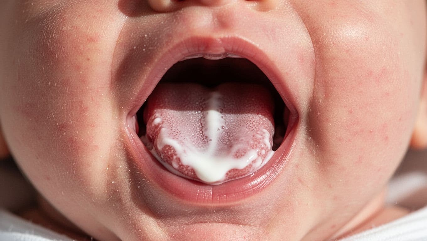 Close-up of newborn baby's open mouth shows thin white milk film coating tongue, pink underneath visible.