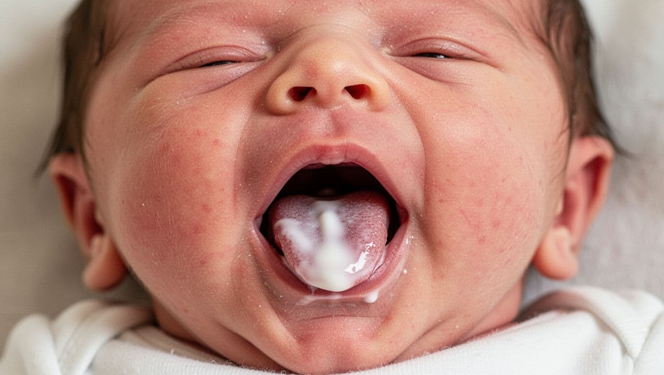 Close-up of newborn baby's open mouth with thin white milk coating on tongue.