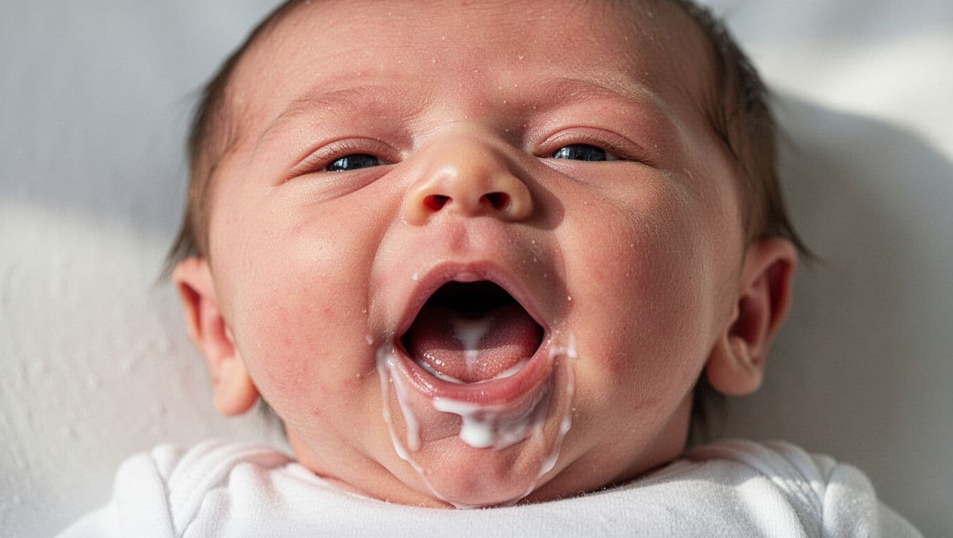 Close-up of newborn baby's open mouth with thin white milk residue coating only the tongue.