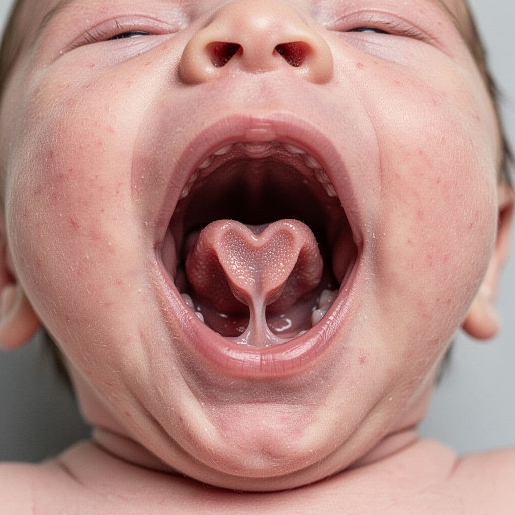 Close-up underside view of newborn open mouth shows heart-shaped notched tongue tip and short tight frenulum.