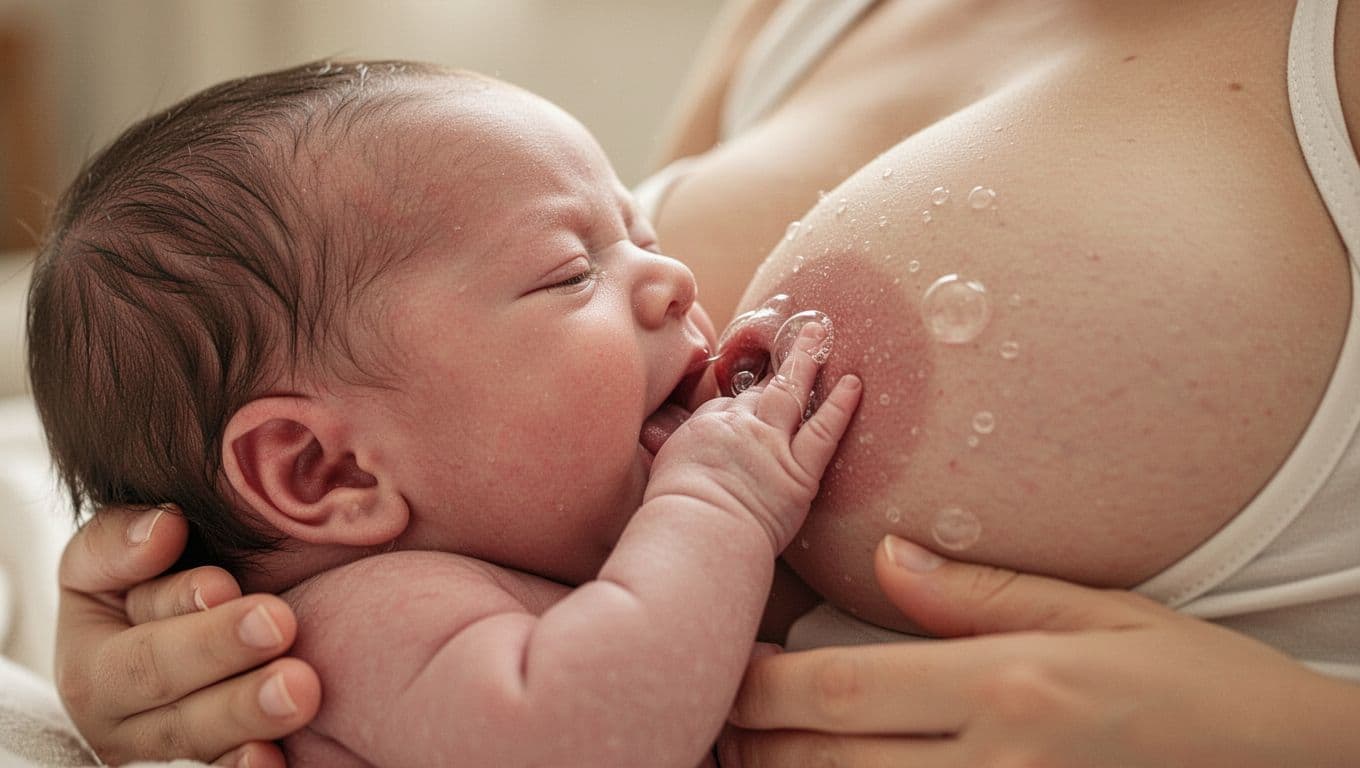 Side view of newborn's mouth with shallow latch on nipple, tongue restricted and unable to cup or extend fully.