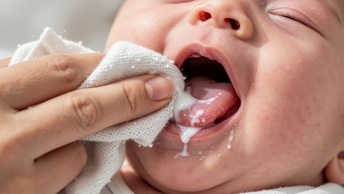 Finger in damp cloth wipes thin milk residue from newborn baby's pink tongue inside open mouth.