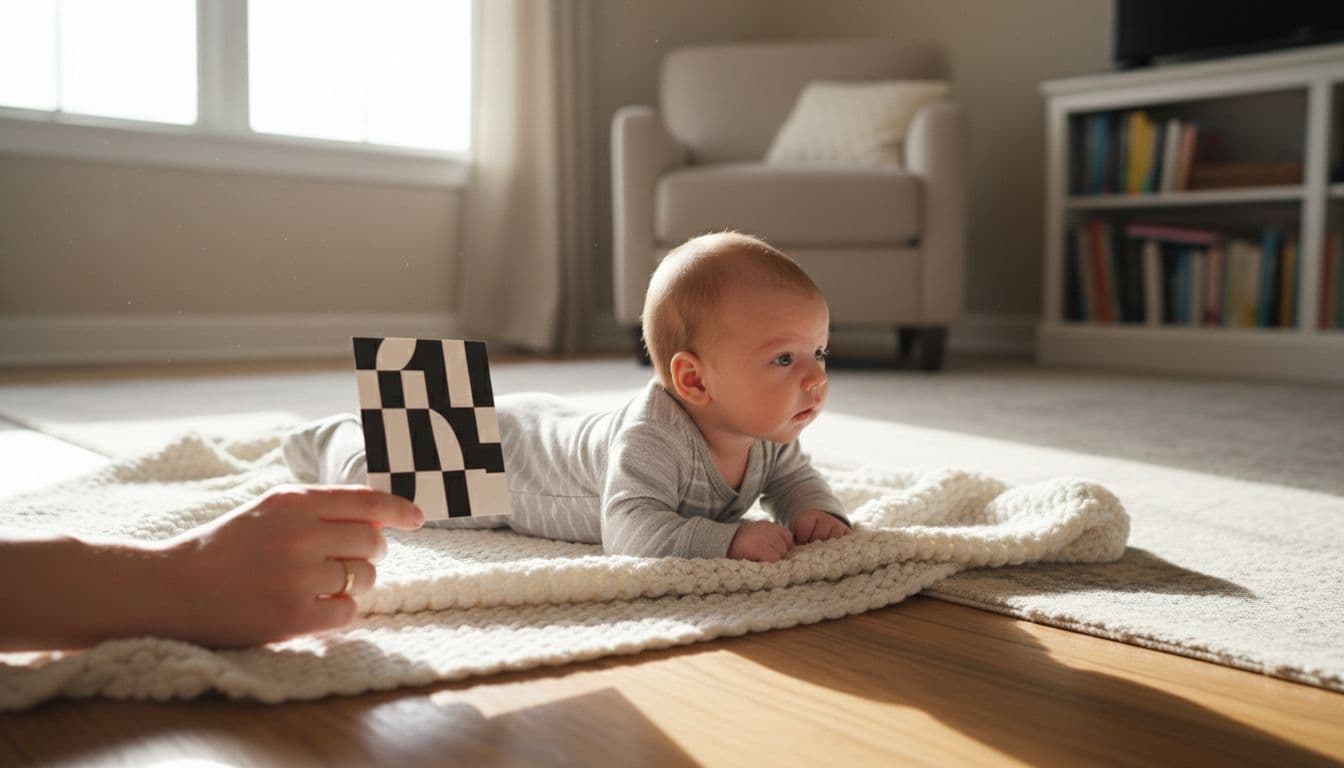 Newborn baby lying on tummy on soft blanket during short supervised tummy time in cozy living room with natural light. Parent hand gently holds high contrast black and white card at eye level as baby turns head toward it.
