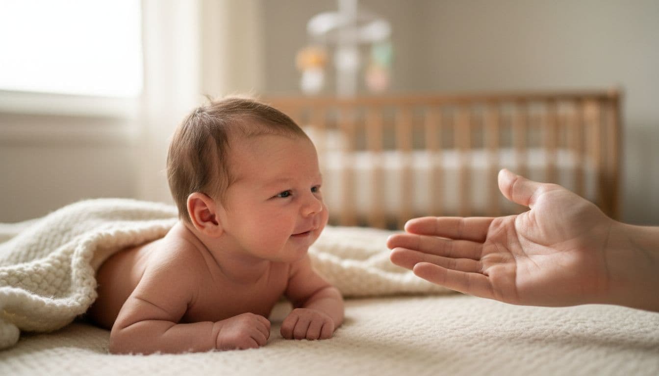 Newborn baby on soft blanket during tummy time, lifting head and turning toward parent's gentle hand in cozy home with warm natural light, focus on baby's face showing subtle focus.