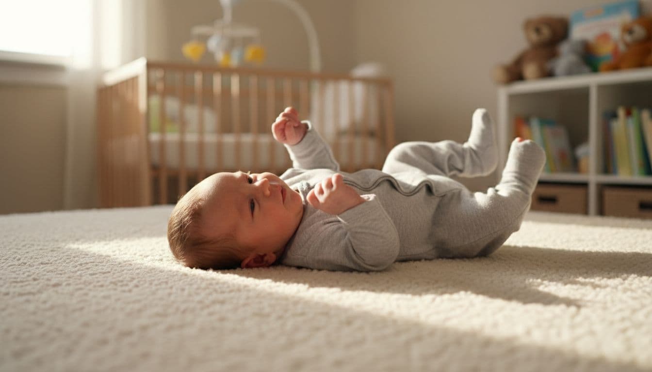 Newborn baby lying on a soft blanket during tummy time in a cozy nursery, briefly lifting head with jerky arm and leg movements, hands in fists near face, warm natural light, realistic photo.