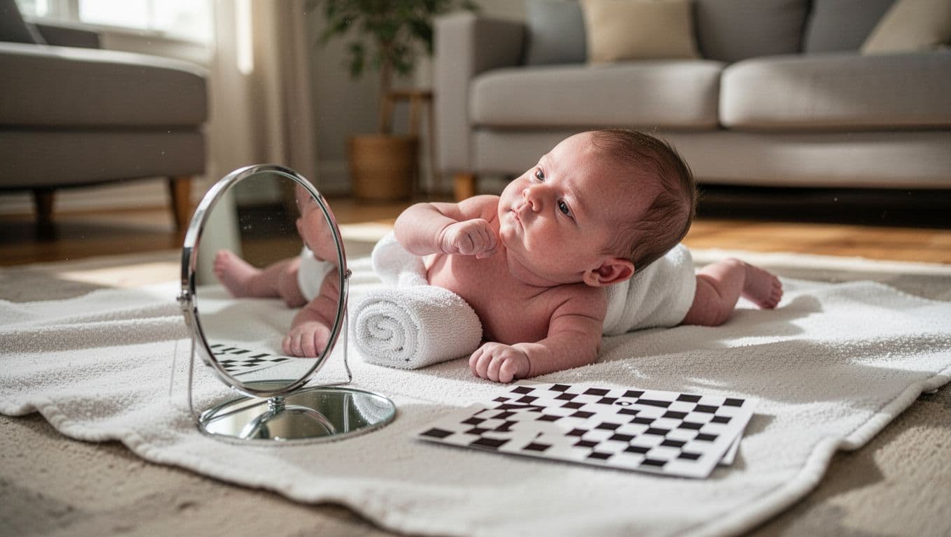 Newborn baby on a firm blanket on the living room floor, propped with a rolled towel under the chest for support, engaging with a baby-safe mirror and black-and-white card in front during natural home play.