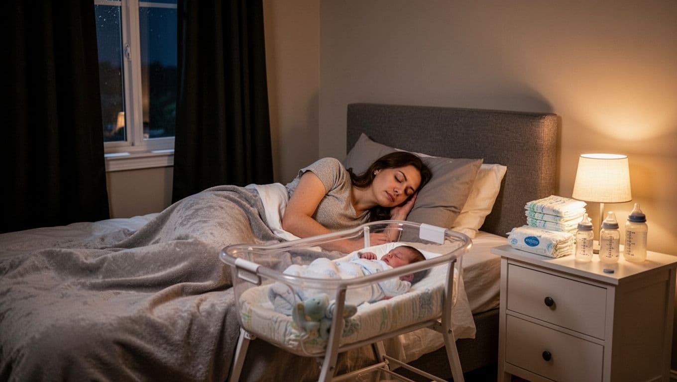 Mother sleeps in bed beside newborn's bassinet in dark room; nightstand holds diapers, wipes, bottles under soft nightlight.