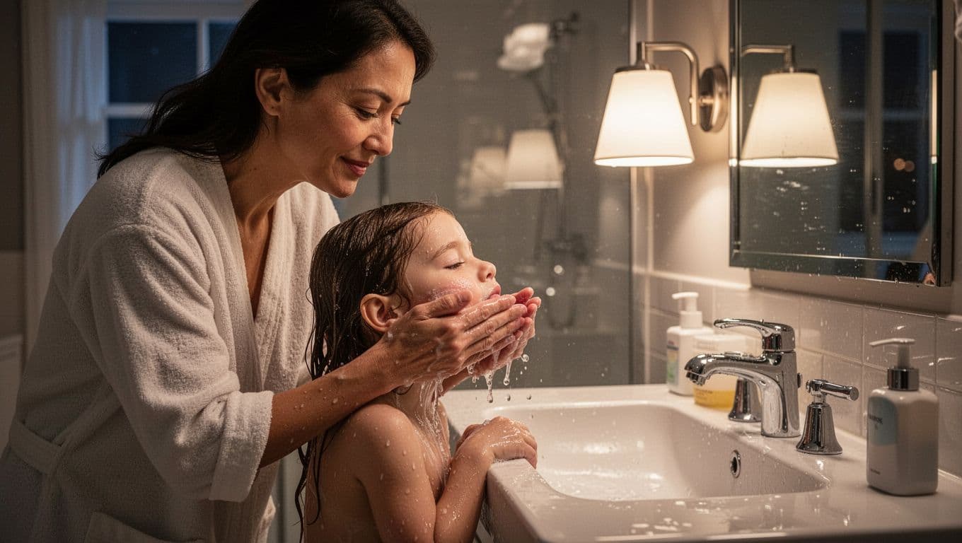 A parent softly washes a young child's face in a dimly lit, clean bathroom. Warm, cinematic light highlights their hands as water ripples, capturing a peaceful and intimate moment of care.