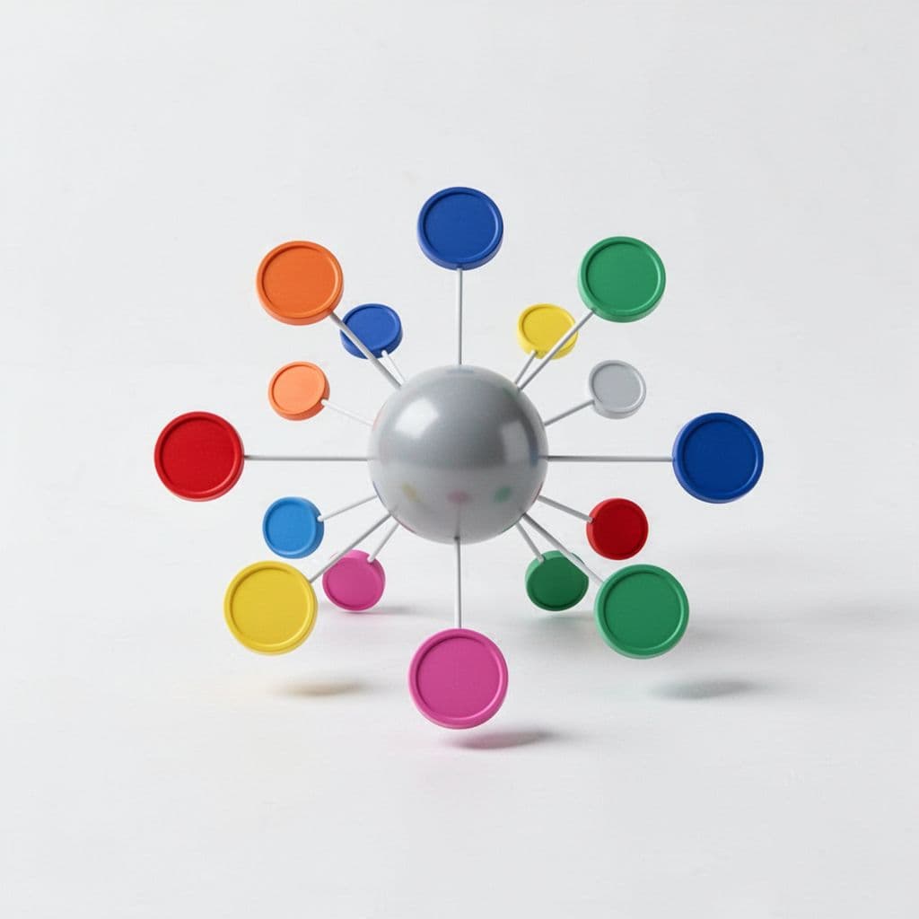 Color-coded circular nodes connect to a central hub without overlap on white background.