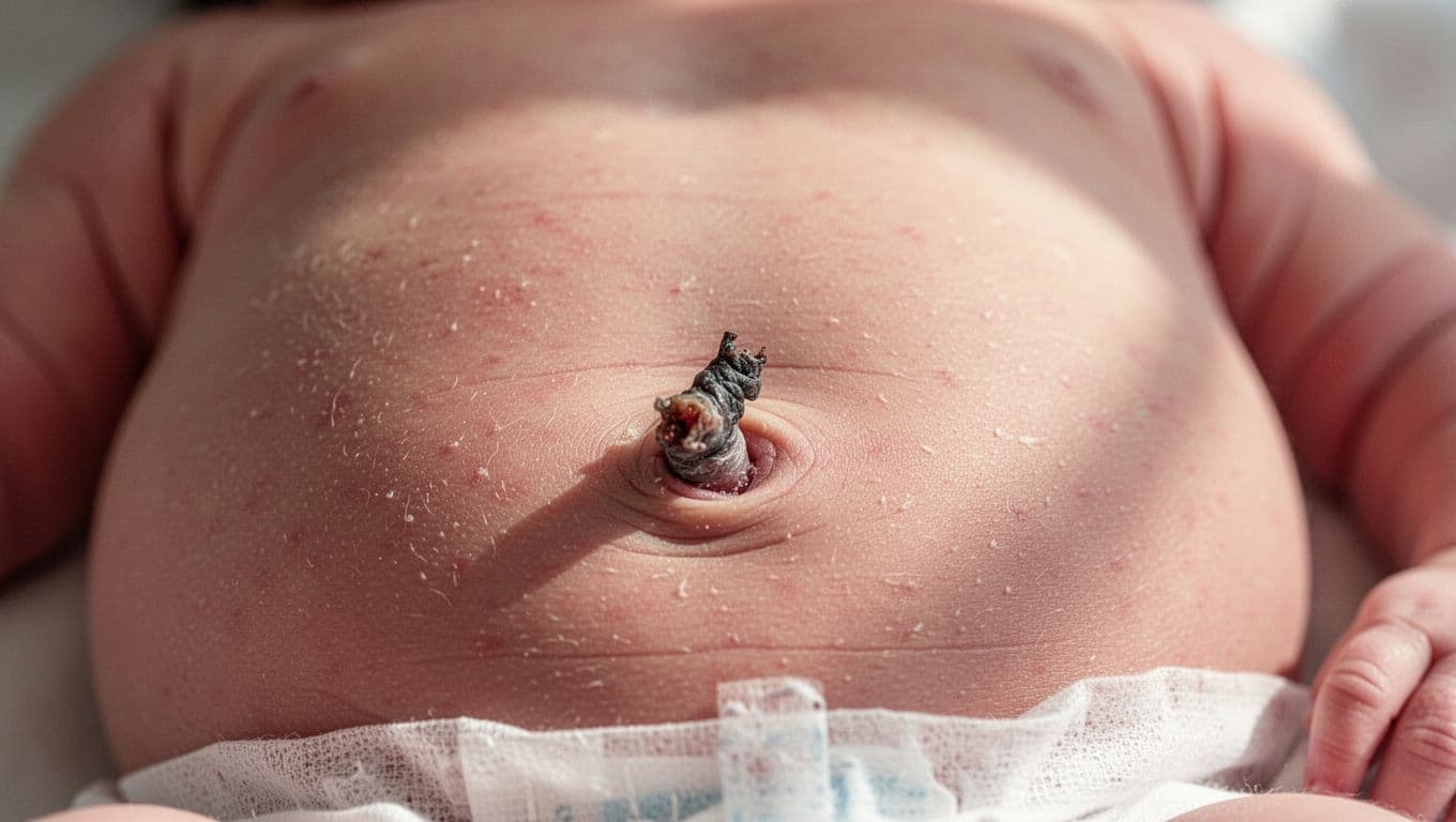Close-up of newborn baby's belly button with dry, darkened umbilical cord stump on clean, healthy skin.
